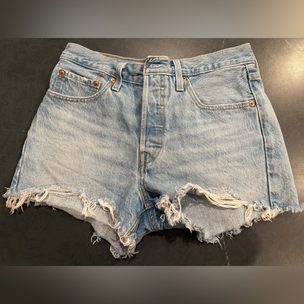 Classic Light Blue Frayed Denim Shorts